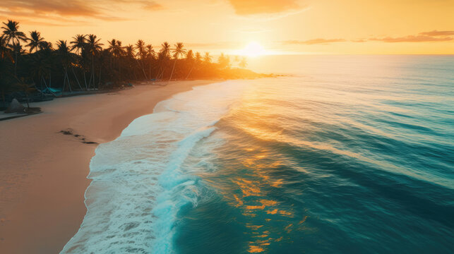 Aerial Shot Beach Landscape Golden Sunset Palm Trees , Background Image, Hd