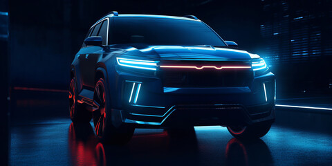 A mid sized blue tone electric city SUV that has red led running through the center line,generative ai
