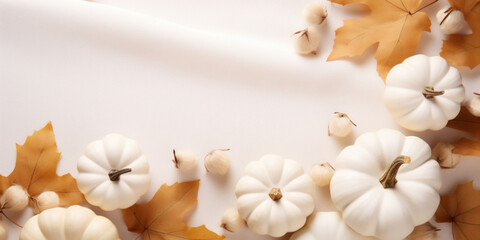 Autumn cozy composition with white pumpkins, autumn leaves on white background.