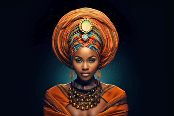 Beautiful young woman wearing traditional African head wrap on black background	