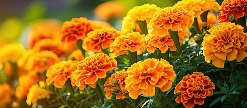 The background of summer is adorned with marigold flowers in shades of orange and yellow on a flowerbed