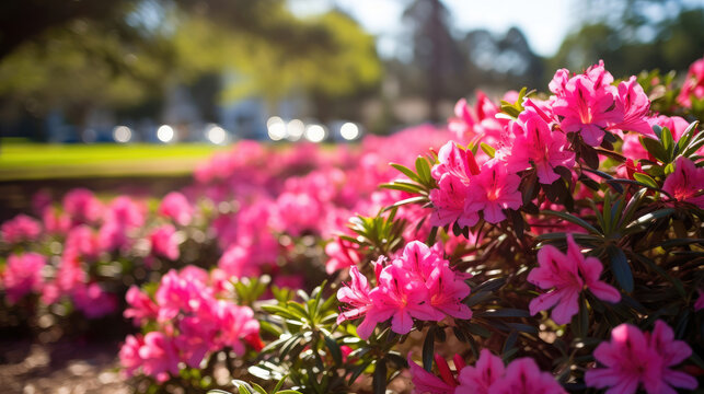 Blooming Azalea Bushes In A City Park Vibrant Colors, Background Image, Hd