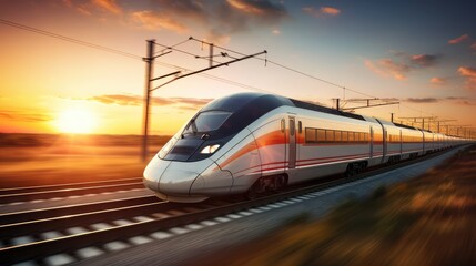 Naklejka premium High-speed train on the railway at sunset. . Concept of speed and motion. created Generative Ai