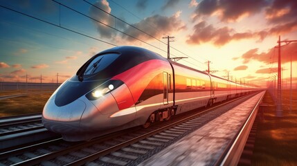 Naklejka premium High-speed train on the railway at sunset. . Concept of speed and motion. created Generative Ai