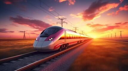 High-speed train on the railway at sunset. . Concept of speed and motion. created Generative Ai - obrazy, fototapety, plakaty
