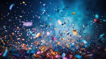 A festive and colorful party with flying neon confetti on a blue background - obrazy, fototapety, plakaty