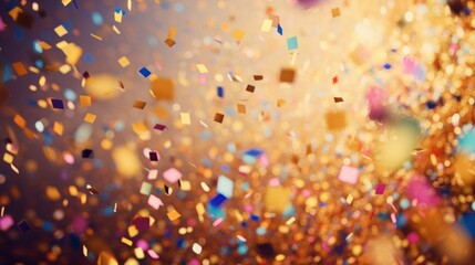 A festive and colorful party with flying neon confetti on a golden and purple background