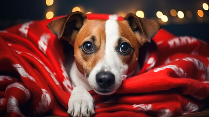 A Jack Russell puppy on soft red blanket and looks at the camera. Cute dog against background of Christmas tree garlands - obrazy, fototapety, plakaty