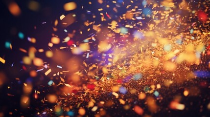 A festive and colorful party with flying neon confetti on a golden background