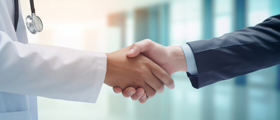 Doctor at the clinic shaking hands with his patient, concept of health care, and professionalism Doctor and patient meeting at the hospital and shaking hands; healthcare and medicine banner - obrazy, fototapety, plakaty