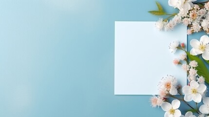 beautiful blue background decorated with fresh flowers and with copy space generated by AI tool