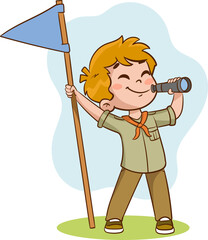 Illustration of a Kid Scout Holding a Flag and Looking at the Camera - obrazy, fototapety, plakaty