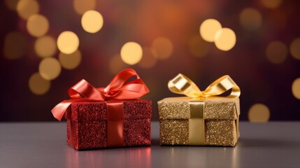Golden gift presents on a light dark red background with colorful bokeh and stars glittering