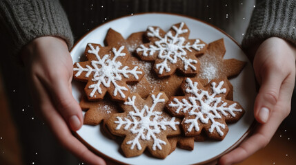 Close up of a person holding a plate of Christmas cookies
