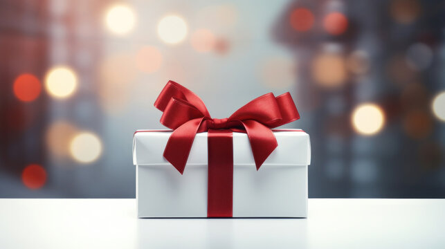 White gift box with red ribbon on bokeh Christmas background