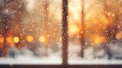 Window from inside with falling snowflakes and a Christmas bokeh background