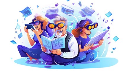  illustration in cartoon style people in vr glasses working reading news dealing with crypro currency meating with colleagues.illustration