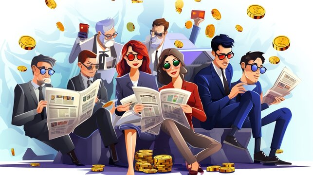  illustration in cartoon style people in vr glasses working reading news dealing with crypro currency meating with colleagues.illustration