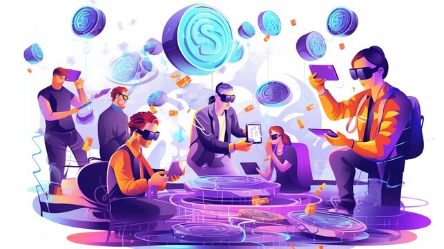  illustration in cartoon style people in vr glasses working reading news dealing with crypro currency meating with colleagues.illustration