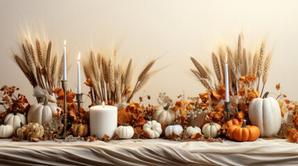 Thanksgiving table decor with white pumpkins - obrazy, fototapety, plakaty