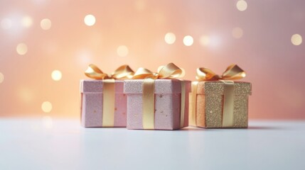 Golden gift present on a light pink background with colorful bokeh and stars glittering