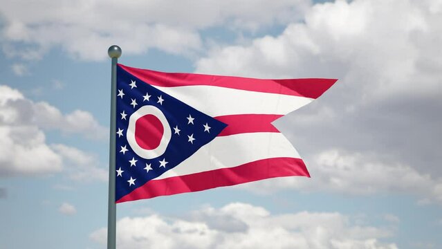 Ohio state waving flag. USA Close up American OH flag flutters in the wind. Cloudy sky background. Realistic 3d render cgi.