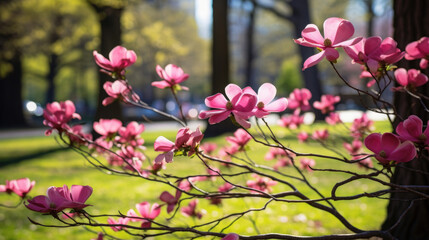 Fototapeta premium Dogwood Trees In A City Park Vibrant Pink Blooms, Background Image, Hd