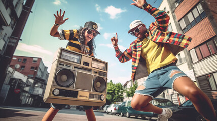 90s teens dance with boombox in the city - obrazy, fototapety, plakaty