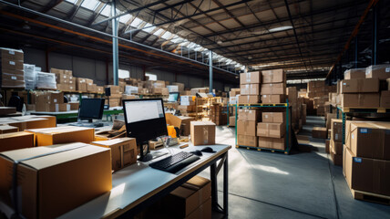 Office in warehouse with products, inventory, small business.generative ai