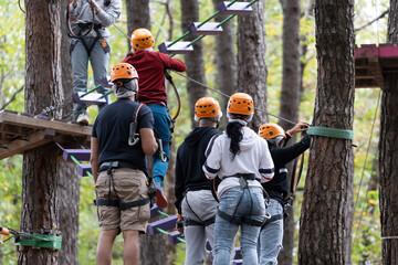 A group embarks on a high ropes challenge at an adventure park, showcasing teamwork and agility...