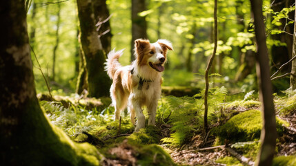 Naklejka na ściany i meble Happy Dog Exploring A Spring Forest Curious Playful, Background Image, Hd