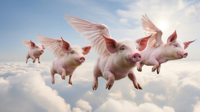 Group Of Very Realistic Pigs With Wings Flying , Background Image, Hd