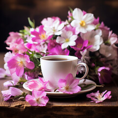 Fototapeta na wymiar Beautiful flowers in cup, on wooden background, ai technology