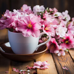 Beautiful flowers in cup, on wooden background, ai technology