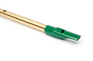 The Irish whistle is a longitudinal flute with a whistle device and six playing holes.