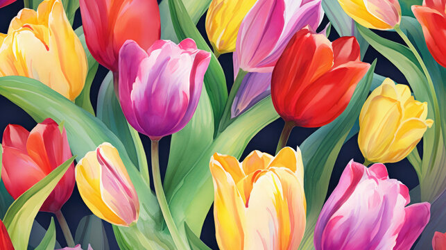 Playful Tulips Watercolor Seamless Pattern , Background Image, Hd