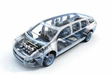 Projection of a modern car. 3D graphic visualization shows the analysis and optimization of a fully developed vehicle prototype. Modern technologies of mechanical engineering.