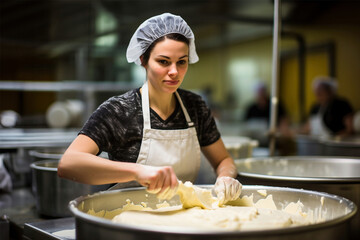 Photo of a woman chef preparing food in a professional kitchen. Industrial cheese production plant. Modern technologies. Production of different types of cheese at the factory.
