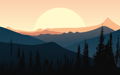 Landscape. Siberia. Mountains, forest, sunset on the background of the sun. Vector illustration