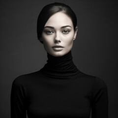 Black and white fashion art studio portrait of beautiful elegant woman in black turtleneck, ai...