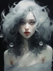 Portrait Of Enchanting White-Haired Girl Surrounded by Bubbles In Black Background