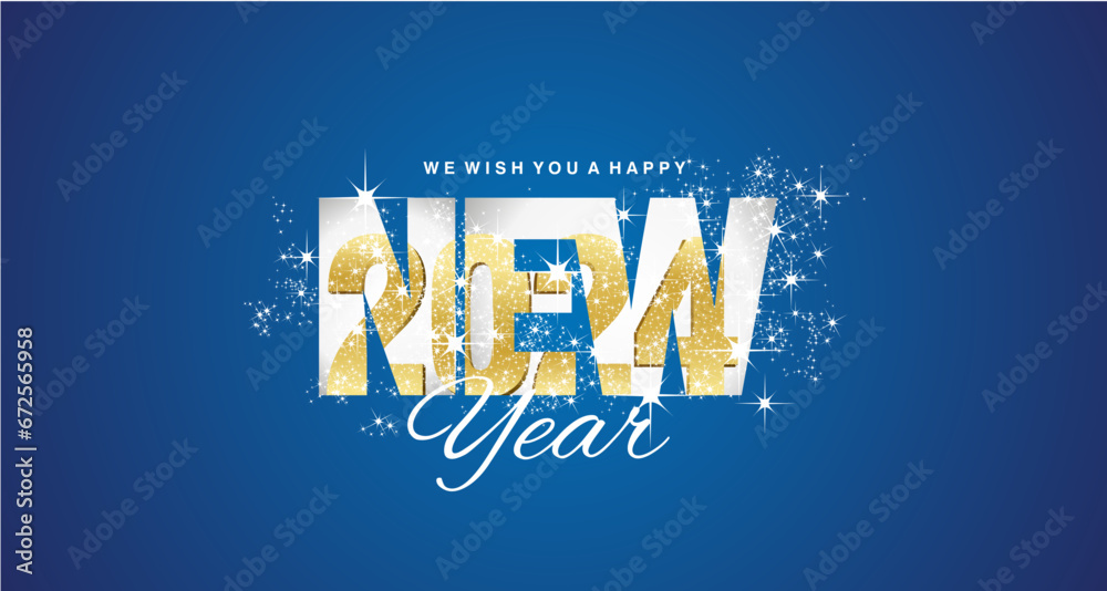 Sticker happy new year 2024. 3d golden 2024 is inside letters new as an mirror reflection with glitter spark