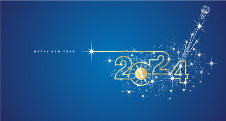 2024 Happy New Year. Clock countdown. 2024 in the form of a line design with champagne cork with shining sparkle firework golden white blue banner vector