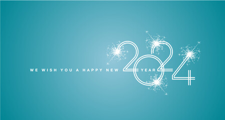 We wish You a Happy New Year 2024 new white double line design numbers with white sparkle firework sea green background greeting card