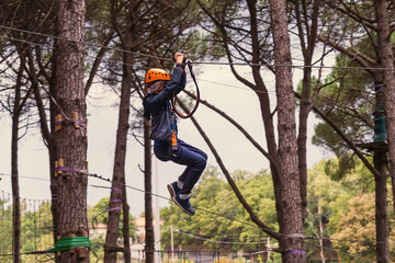 An adventurer zip-lining with speed amongst tall pine trees, enjoying an exhilarating outdoor activity.