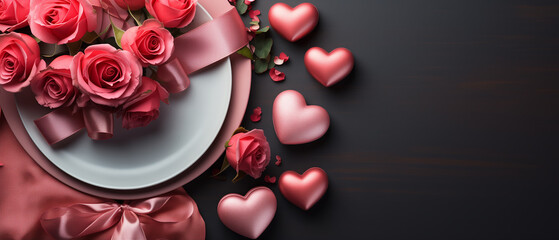 Valentines day dinner with table place setting with red gift