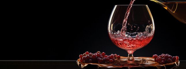 Banner Pouring Red Wine With Splash In A Glass, Grapes On Black Background. Mockup Wine Production Or Degustation Trip Or Journey. National Wine Day, May 25th. Copy Space For Text. Ai Generated