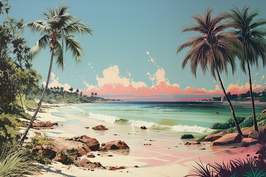 Retro palm tree on the beach in pastel colors. Illustration of a island beach.