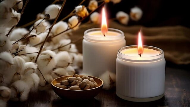 motion graphics stock footage: Aroma therapy candles lit on the table with cozy interior design