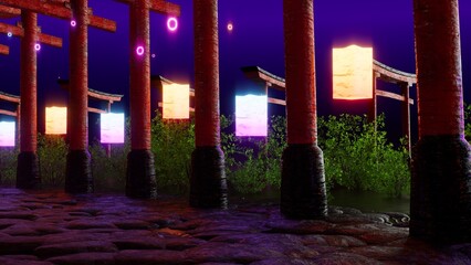 Mystical scene with neon glowing lanterns, red torii gates, stone path.